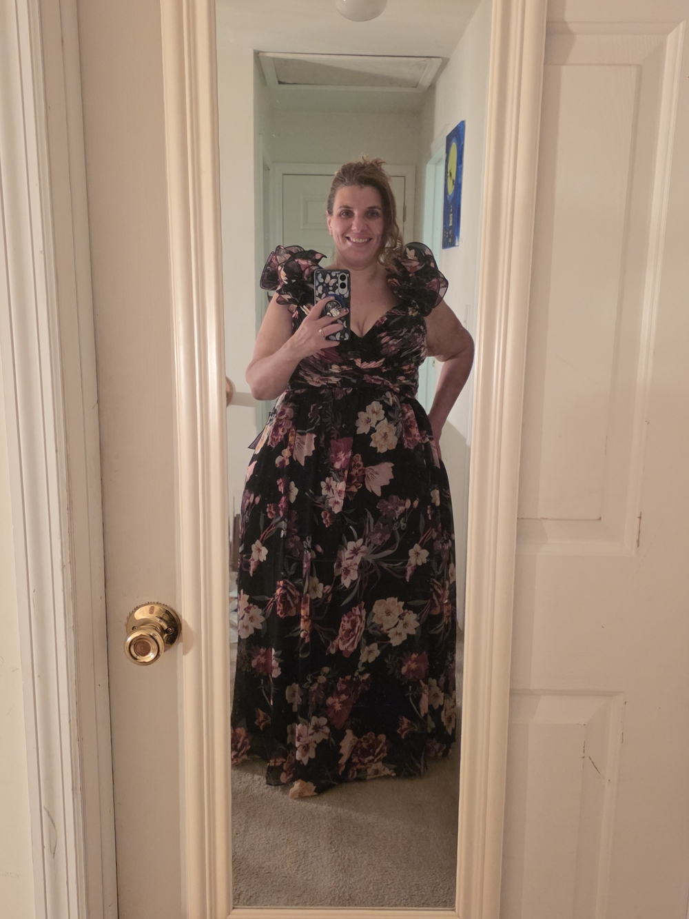 Macy's Black Floral Maxi Dress with Puff Sleeves and Self Tie - Picture 2 of 11